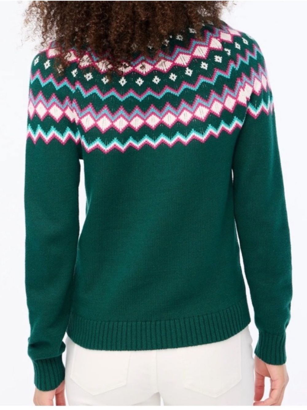 J. Crew Fair Isle Mock Neck Long Sleeve Sweater M Medium Green Pink Cotton - Picture 2 of 9